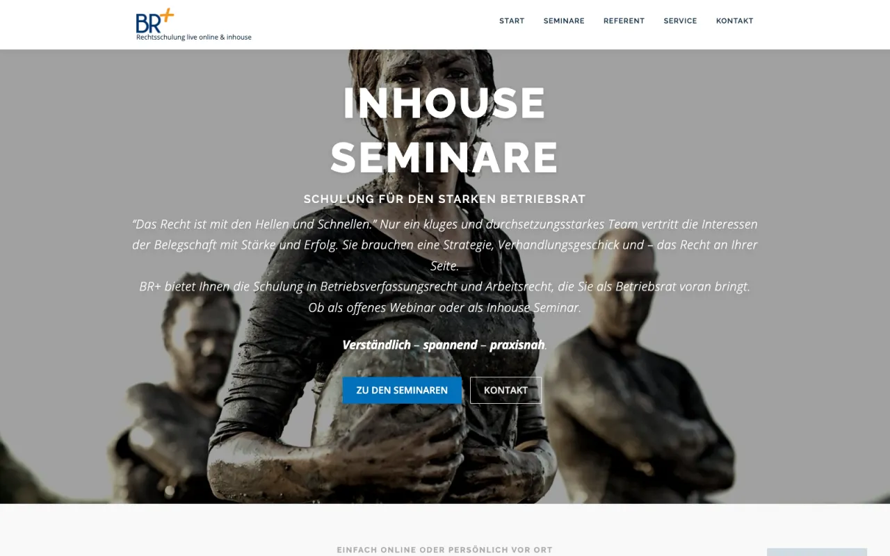 Screenshot der Startseite von br-plus.de mit Inhouse-Seminar-Headline
