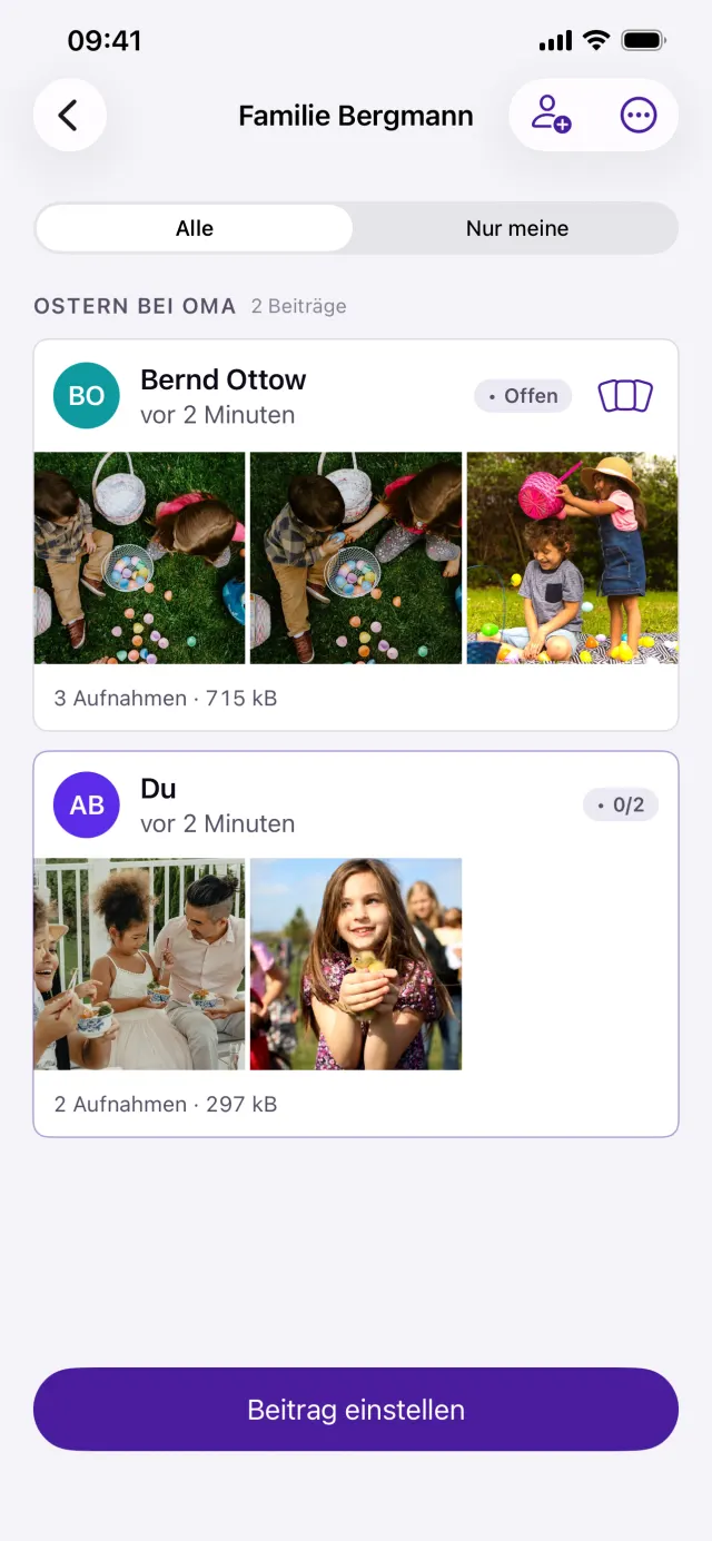 Convivia Gruppen-Ansicht „Familie Bergmann“: zwei Beiträge zum Anlass „Ostern bei Oma“ mit Fotovorschau, Größe und Status, darunter die Schaltfläche „Beitrag einstellen“
