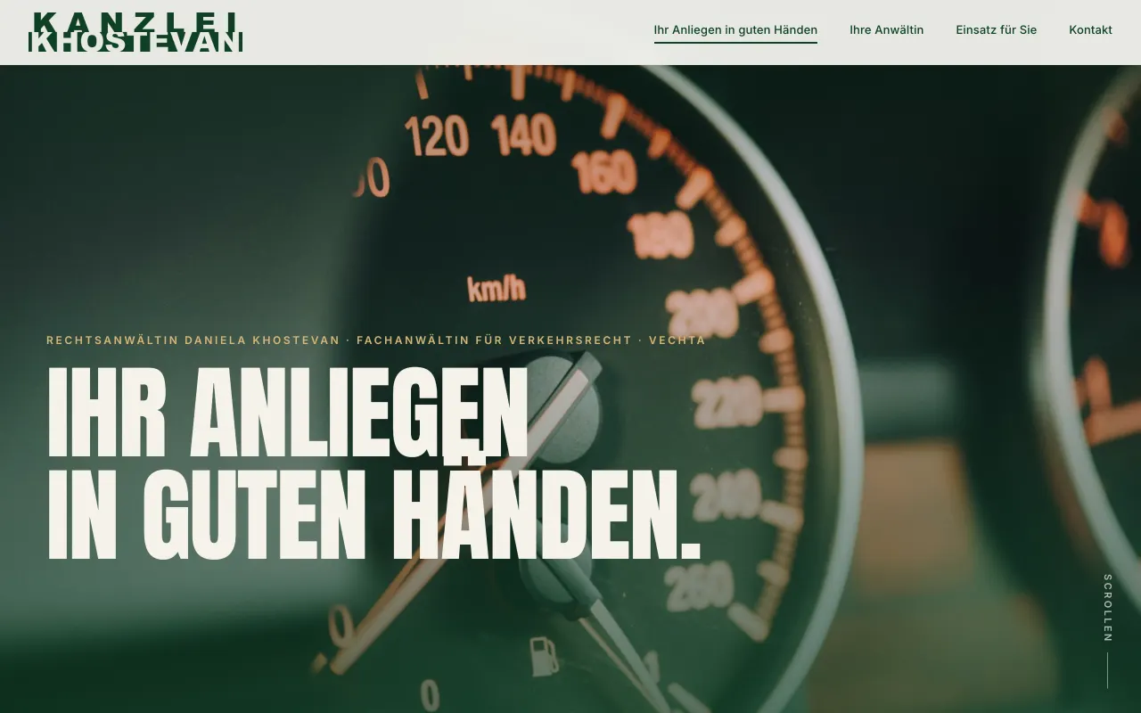 Screenshot der Startseite von dk-kanzlei.com mit Tacho-Hero und Headline „Ihr Anliegen in guten Händen“