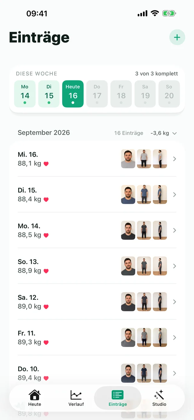 Formwandel Einträge-Ansicht: Wochenstreifen mit dem Status der letzten Tage, darunter die Check-ins im September 2026 mit Gewicht und je drei Fortschrittsfotos — Gesicht, frontal, Profil