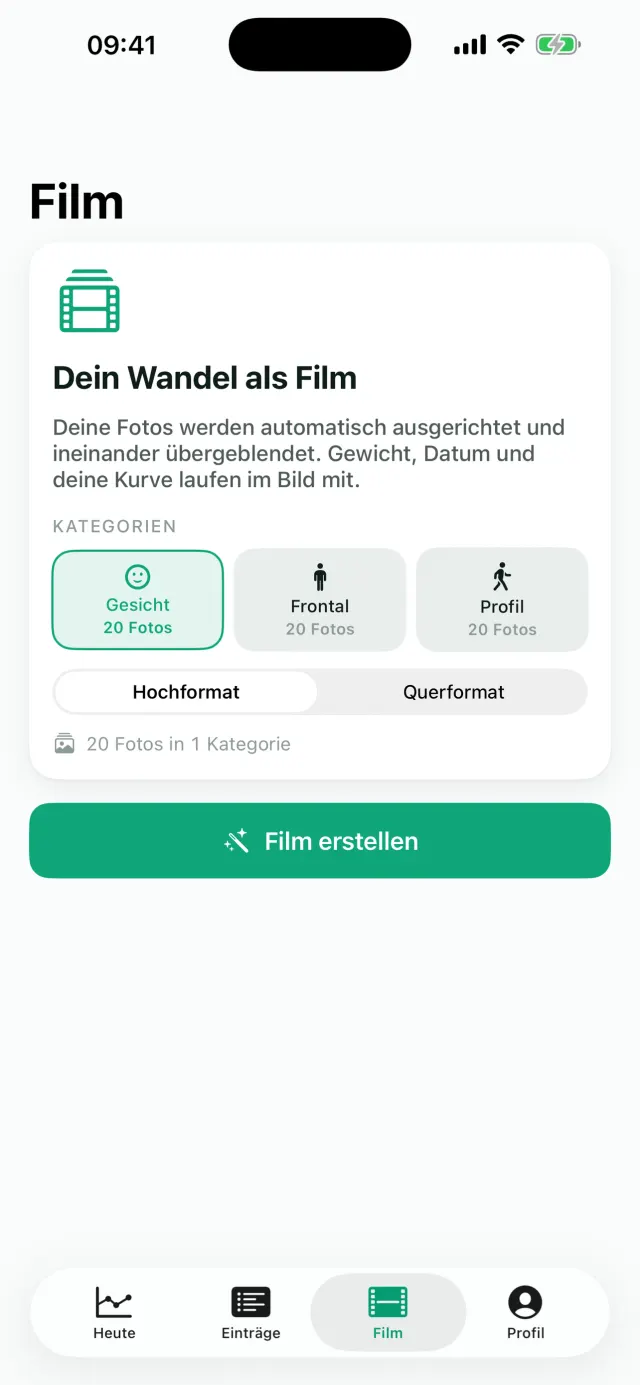 Formwandel Film-Ansicht: Fotokategorien Gesicht, Frontal und Profil mit der Schaltfläche „Film erstellen“