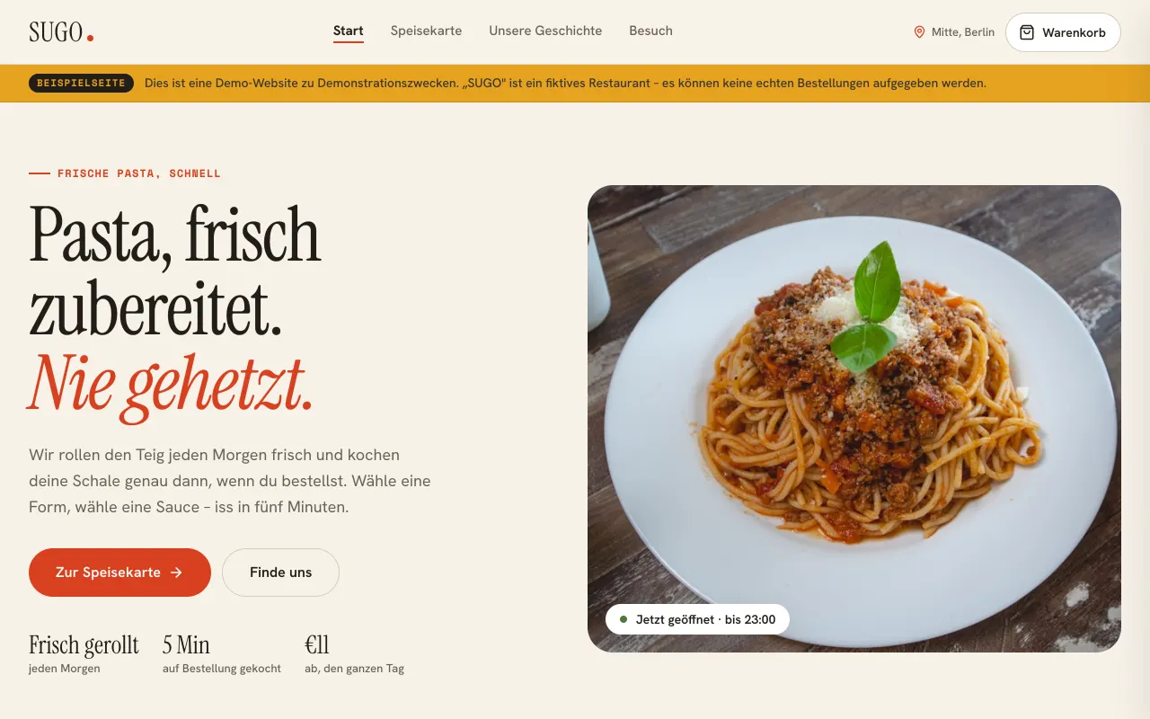Screenshot der Startseite von sugo.miroo-media.de mit Pasta-Foto und Headline „Pasta, frisch zubereitet“
